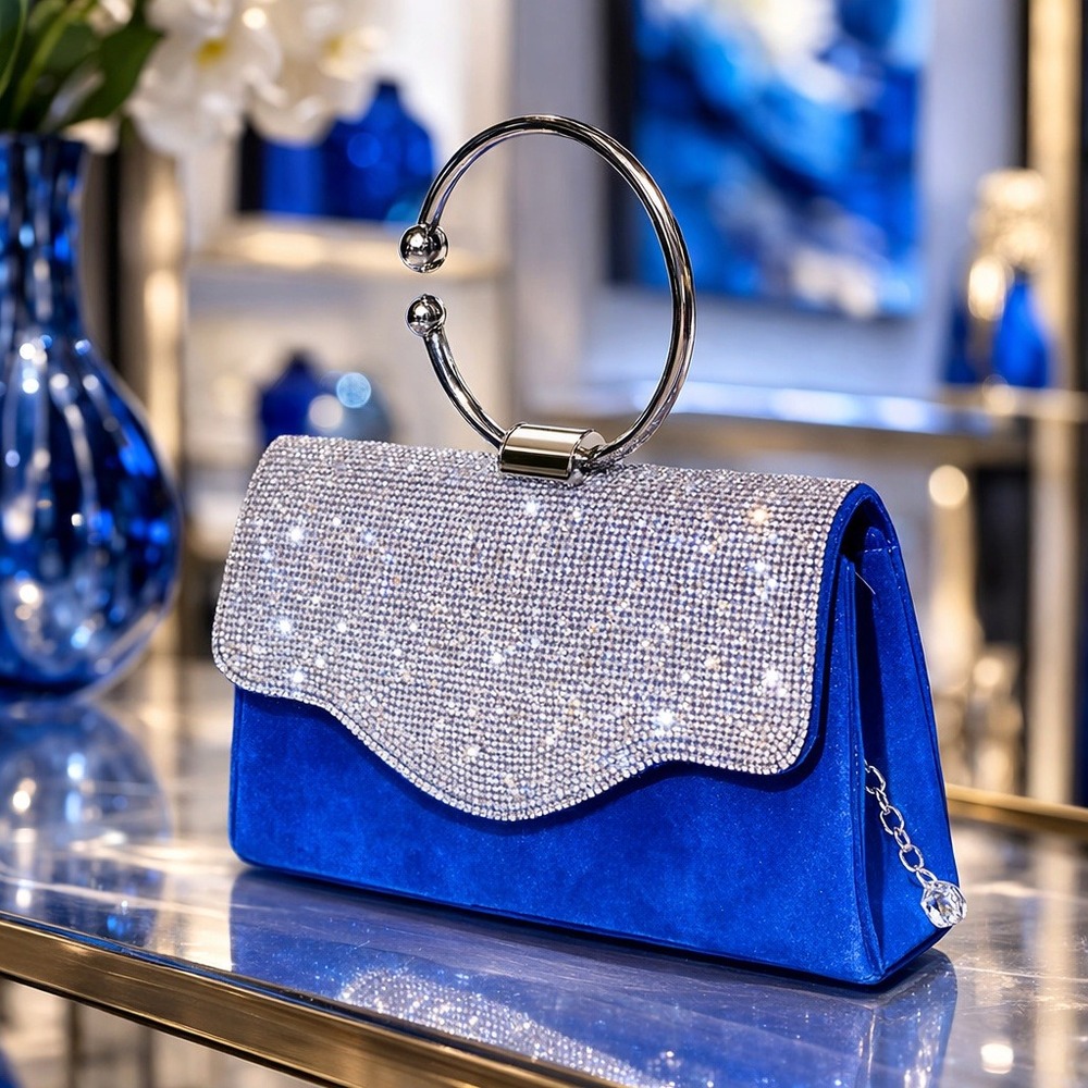 Purse Blue Suede with Rhinestones on flap‎ and silver handle